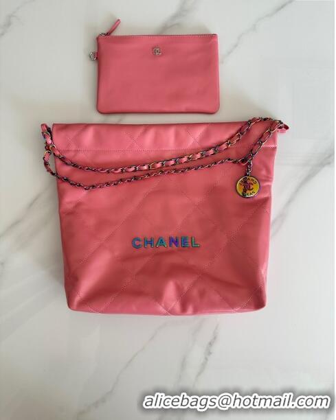 Luxury Cheap Chanel 22 Calfskin Small Shopping Bag AS3260 with Iridescent Logo Pink 2024