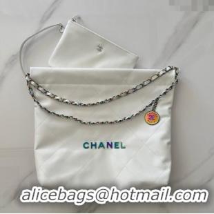 New Design Chanel 22 Calfskin Small Shopping Bag AS3260 with Iridescent Logo White 2024