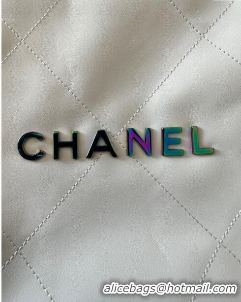 New Design Chanel 22 Calfskin Small Shopping Bag AS3260 with Iridescent Logo White 2024