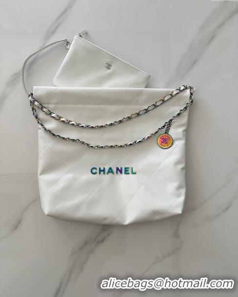 New Design Chanel 22 Calfskin Small Shopping Bag AS3260 with Iridescent Logo White 2024