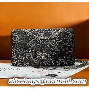 Best Grade Chanel Tweed Medium Flap Bag with Crystals AS2202 Black 2024