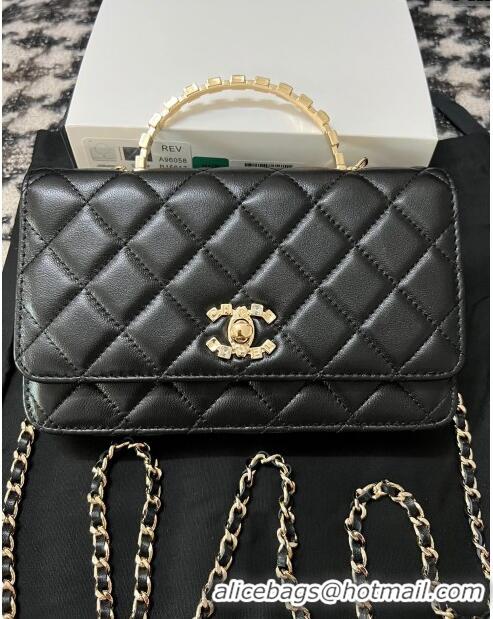 Top Design Chanel Quilted Leather Wallet on Chain WOC with Crystals Handle AP2206 Black 2024