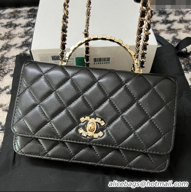 Top Design Chanel Quilted Leather Wallet on Chain WOC with Crystals Handle AP2206 Black 2024