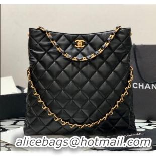 Top Quality Chanel Folded Leather Maxi Hobo Bag AS2205 Black 2024