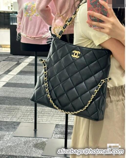 Top Quality Chanel Folded Leather Maxi Hobo Bag AS2205 Black 2024