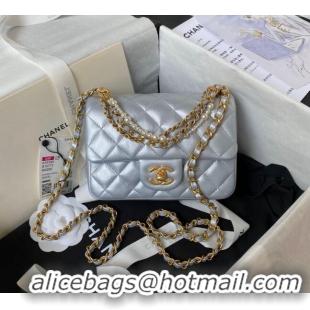 Good Product Chanel Shiny Lambskin Mini Flap Bag with Chain and Pearls AS4385 Silver 2024