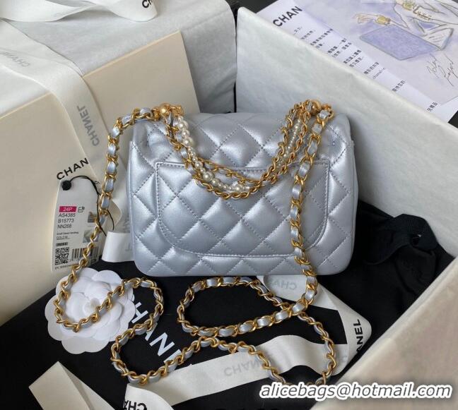 Good Product Chanel Shiny Lambskin Mini Flap Bag with Chain and Pearls AS4385 Silver 2024