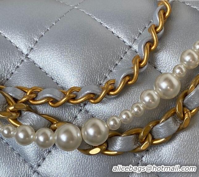 Good Product Chanel Shiny Lambskin Mini Flap Bag with Chain and Pearls AS4385 Silver 2024