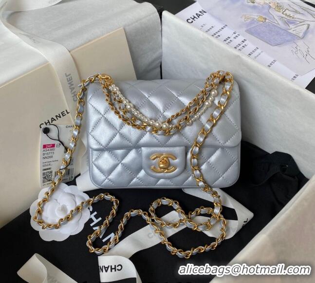 Good Product Chanel Shiny Lambskin Mini Flap Bag with Chain and Pearls AS4385 Silver 2024