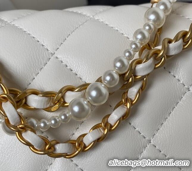 Well Crafted Chanel Shiny Lambskin Mini Flap Bag with Chain and Pearls AS4385 White 2024