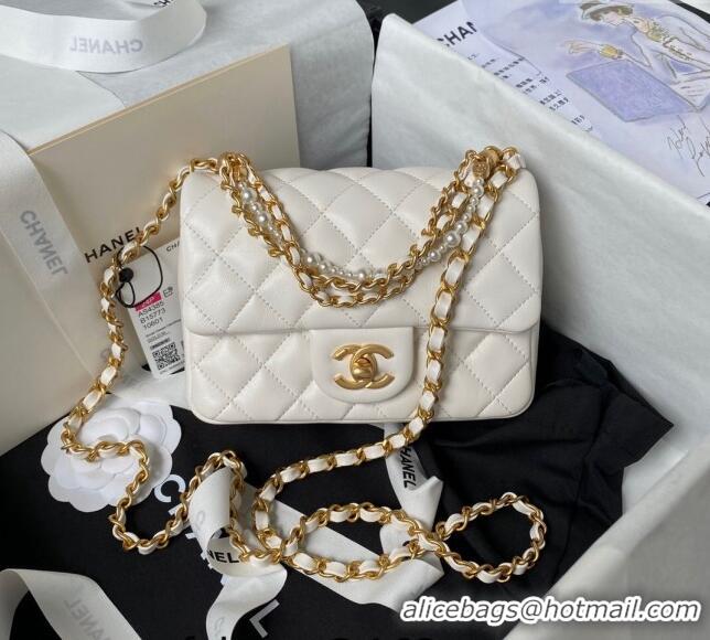 Well Crafted Chanel Shiny Lambskin Mini Flap Bag with Chain and Pearls AS4385 White 2024