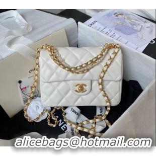 Top Quality Chanel Shiny Lambskin Small Flap Bag with Chain and Pearls AS4384 White 2024