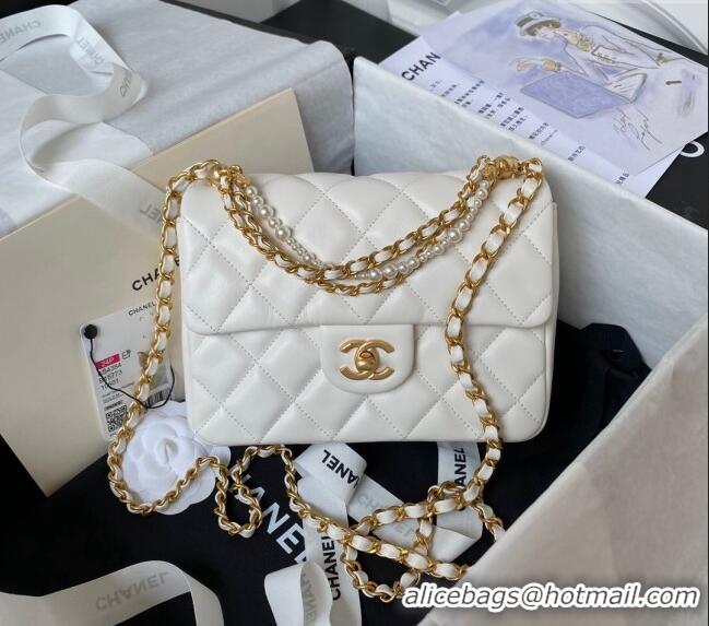 Top Quality Chanel Shiny Lambskin Small Flap Bag with Chain and Pearls AS4384 White 2024