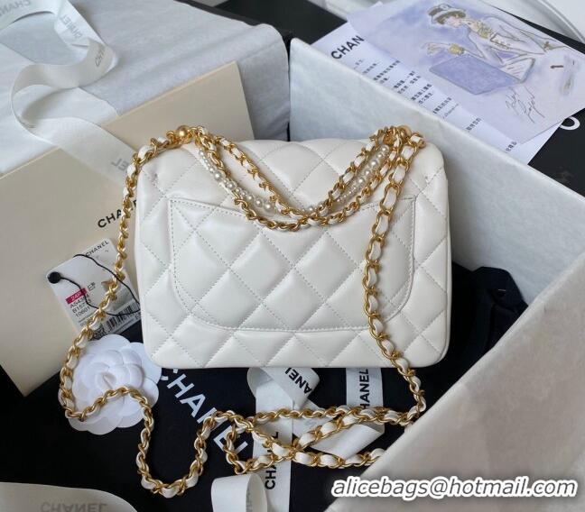 Top Quality Chanel Shiny Lambskin Small Flap Bag with Chain and Pearls AS4384 White 2024