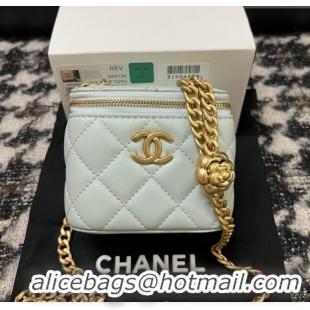 Buy Fashionable Chanel Lambskin Mini Vanity Case with Camellia Chain AS2218 Light Blue 2024