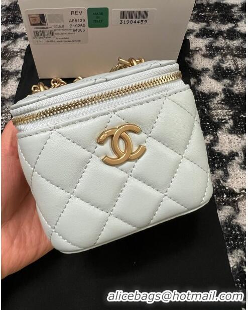 Buy Fashionable Chanel Lambskin Mini Vanity Case with Camellia Chain AS2218 Light Blue 2024