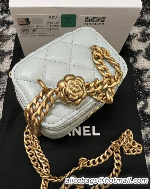 Buy Fashionable Chanel Lambskin Mini Vanity Case with Camellia Chain AS2218 Light Blue 2024