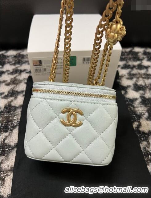 Buy Fashionable Chanel Lambskin Mini Vanity Case with Camellia Chain AS2218 Light Blue 2024