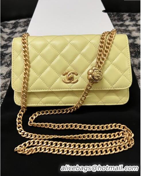 Famous Brand Chanel Quilted Lambskin Wallet on Chain WOC with Camellia Chain AS2217 Yellow 2024