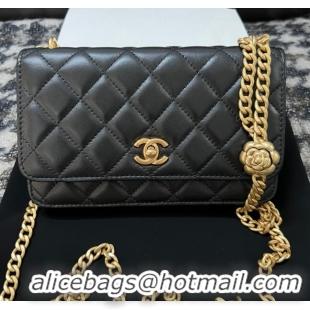 Most Popular Chanel Quilted Lambskin Wallet on Chain WOC with Camellia Chain AS2217 Black 2024