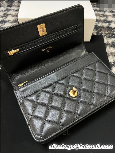 Most Popular Chanel Quilted Lambskin Wallet on Chain WOC with Camellia Chain AS2217 Black 2024