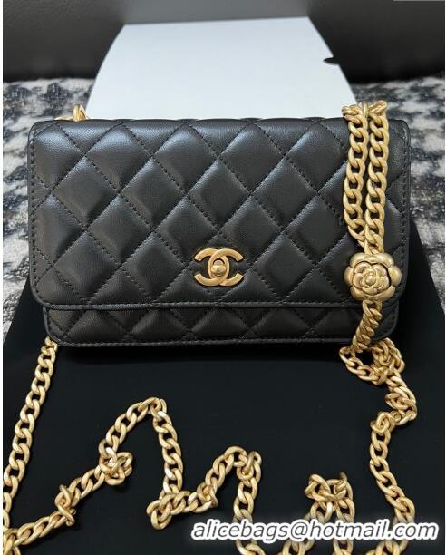 Most Popular Chanel Quilted Lambskin Wallet on Chain WOC with Camellia Chain AS2217 Black 2024