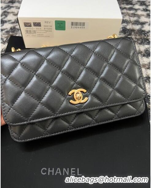 Most Popular Chanel Quilted Lambskin Wallet on Chain WOC with Camellia Chain AS2217 Black 2024