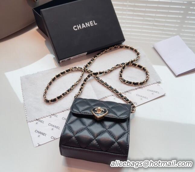 Promotional Chanel Heart Quilted Leather Coin Purse Wallet on Chain A8127 Black 2024