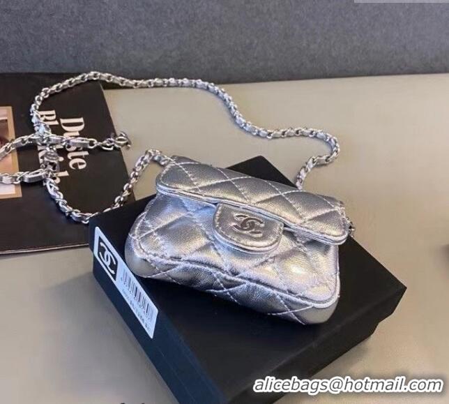 Top Quality Chanel Quilted Metallic Leather Belt Bag 0408 Silver 2024