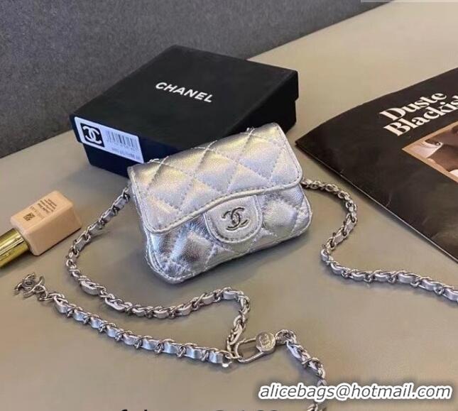 Top Quality Chanel Quilted Metallic Leather Belt Bag 0408 Silver 2024