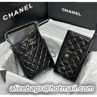 Inexpensive Chanel Quilted Leather Phone Holder & Wallet WOC on Chain Set 0407 Black 2023