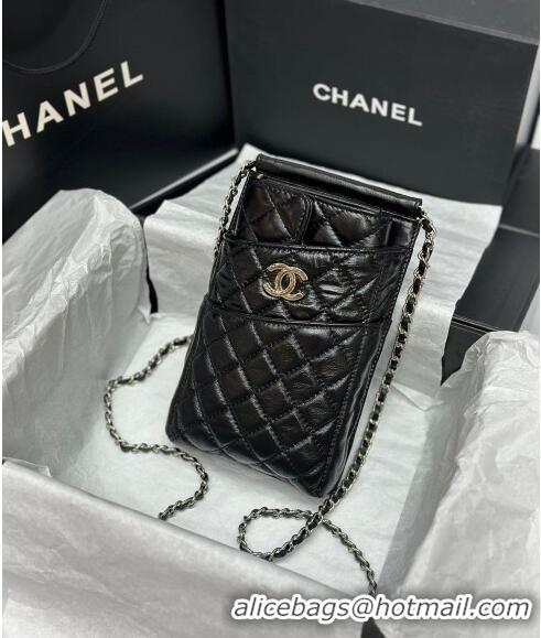 Inexpensive Chanel Quilted Leather Phone Holder & Wallet WOC on Chain Set 0407 Black 2023