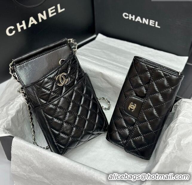 Inexpensive Chanel Quilted Leather Phone Holder & Wallet WOC on Chain Set 0407 Black 2023