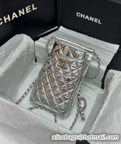 Good Taste Chanel Quilted Leather Phone Holder & Wallet WOC on Chain Set 0407 Silver 2023