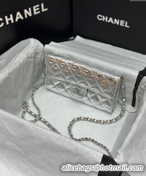 Good Taste Chanel Quilted Leather Phone Holder & Wallet WOC on Chain Set 0407 Silver 2023