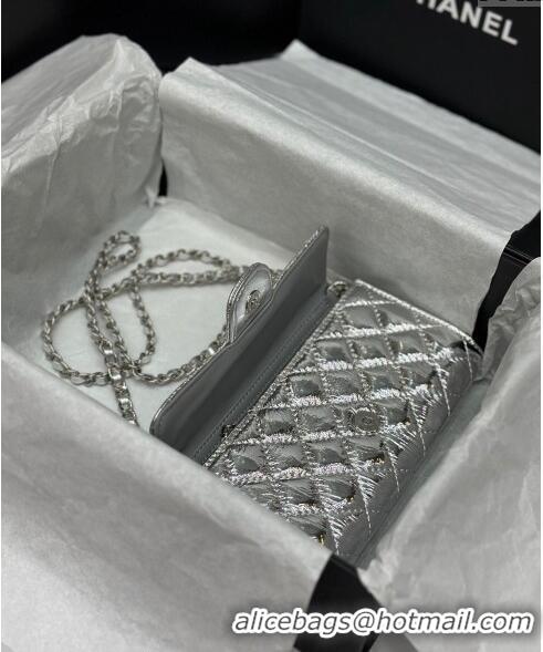 Good Taste Chanel Quilted Leather Phone Holder & Wallet WOC on Chain Set 0407 Silver 2023