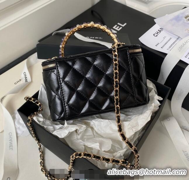 Low Price Chanel Shiny Crumpled Lambskin Clutch with Chain and Pearls Top Handle AP3804 Black 2024