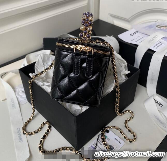 Low Price Chanel Shiny Crumpled Lambskin Clutch with Chain and Pearls Top Handle AP3804 Black 2024