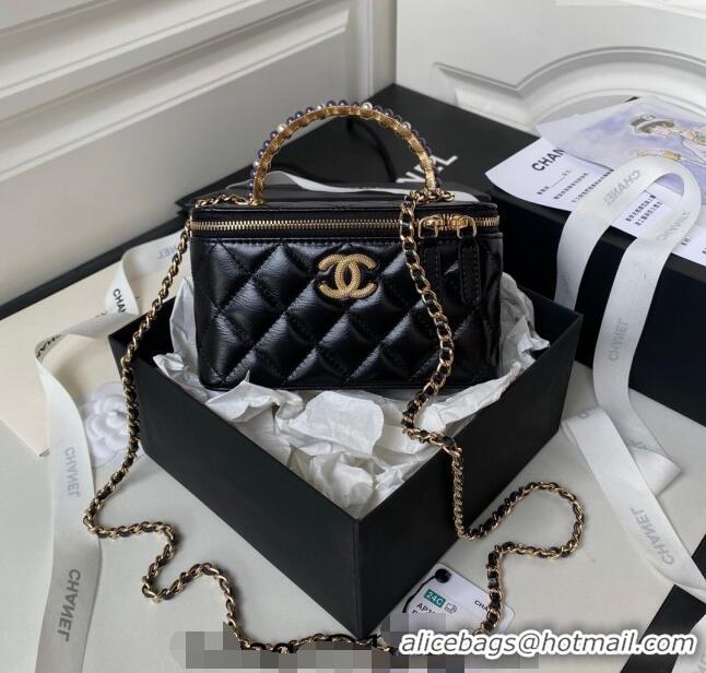 Low Price Chanel Shiny Crumpled Lambskin Clutch with Chain and Pearls Top Handle AP3804 Black 2024