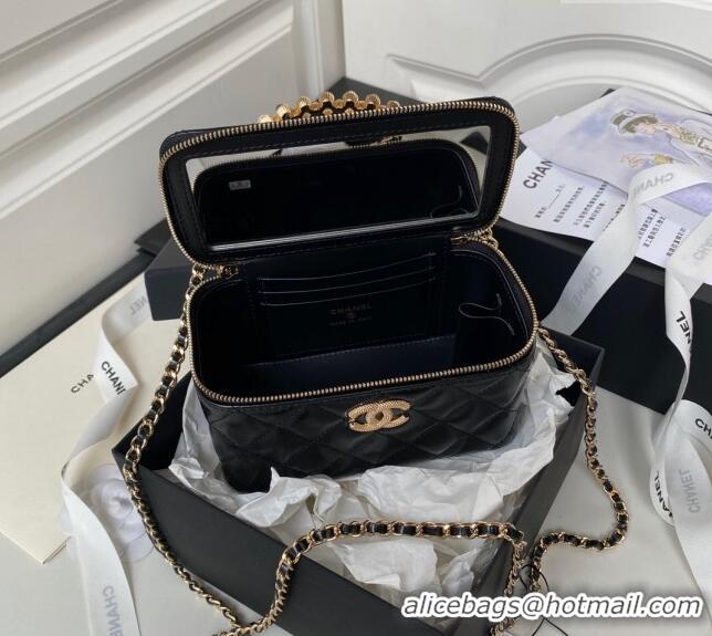 Low Price Chanel Shiny Crumpled Lambskin Clutch with Chain and Pearls Top Handle AP3804 Black 2024