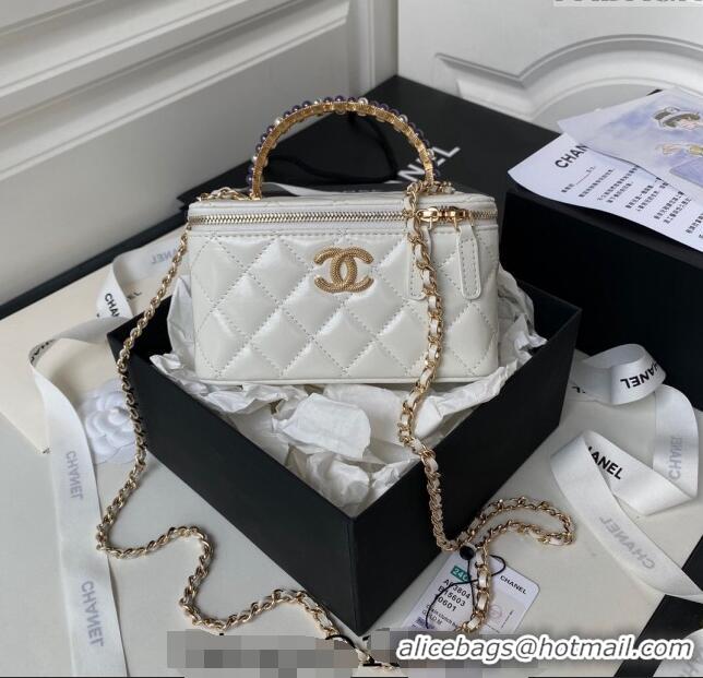 Best Price Chanel Shiny Crumpled Lambskin Clutch with Chain and Pearls Top Handle AP3804 White 2024