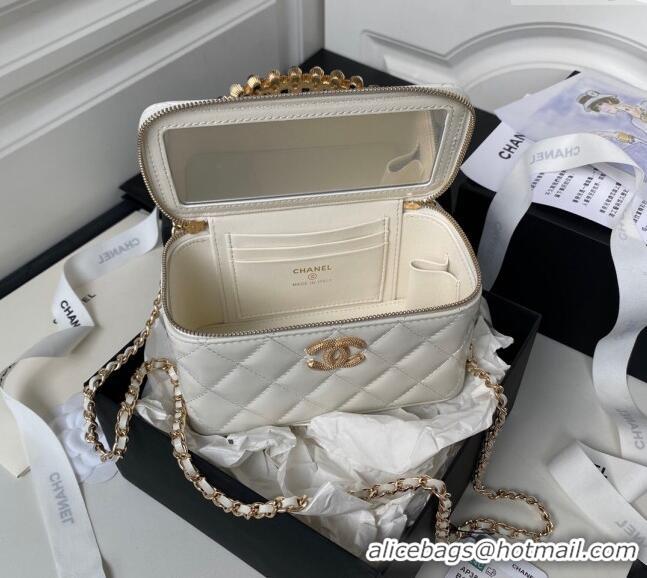 Best Price Chanel Shiny Crumpled Lambskin Clutch with Chain and Pearls Top Handle AP3804 White 2024