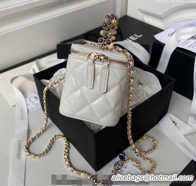 Best Price Chanel Shiny Crumpled Lambskin Clutch with Chain and Pearls Top Handle AP3804 White 2024