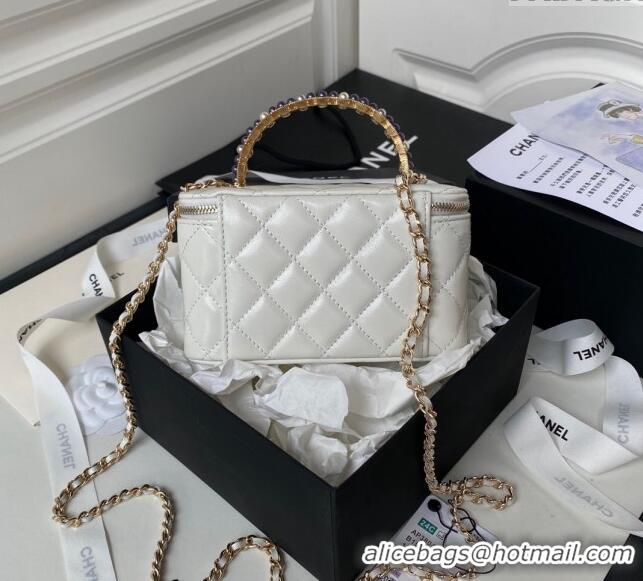 Best Price Chanel Shiny Crumpled Lambskin Clutch with Chain and Pearls Top Handle AP3804 White 2024