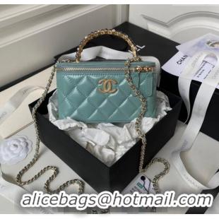 Shop Best Chanel Shiny Crumpled Lambskin Clutch with Chain and Pearls Top Handle AP3804 Green 2024