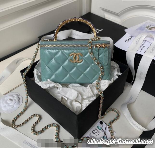 Shop Best Chanel Shiny Crumpled Lambskin Clutch with Chain and Pearls Top Handle AP3804 Green 2024