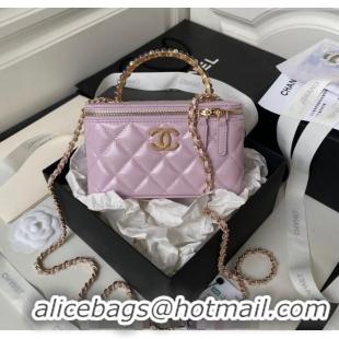 Good Looking Chanel Shiny Crumpled Lambskin Clutch with Chain and Pearls Top Handle AP3804 Light Purple 2024