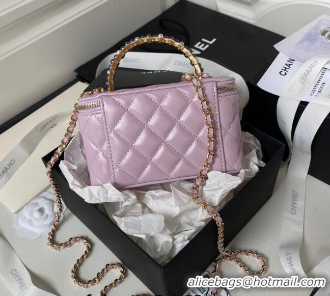 Good Looking Chanel Shiny Crumpled Lambskin Clutch with Chain and Pearls Top Handle AP3804 Light Purple 2024