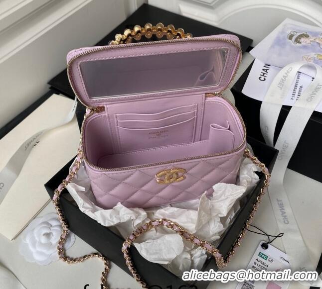 Good Looking Chanel Shiny Crumpled Lambskin Clutch with Chain and Pearls Top Handle AP3804 Light Purple 2024