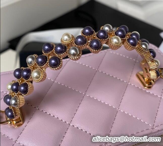 Good Looking Chanel Shiny Crumpled Lambskin Clutch with Chain and Pearls Top Handle AP3804 Light Purple 2024